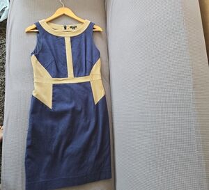 Ann TAYLOR Navy Blue and Tan Dress Color Block Dress, Size 6
